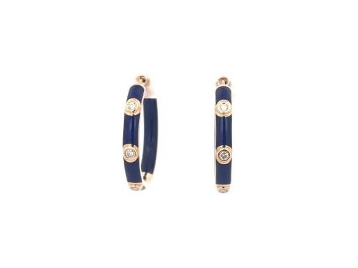 18K Yellow Gold Hoop Earrings with Blue Enamel and Natural Diamonds